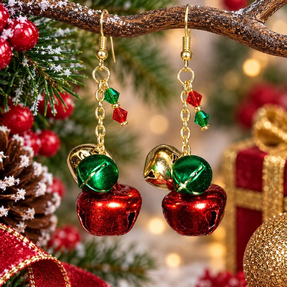 Handmade Christmas Jingle Bell Earrings Red Green Dangle Holiday Gold #C43